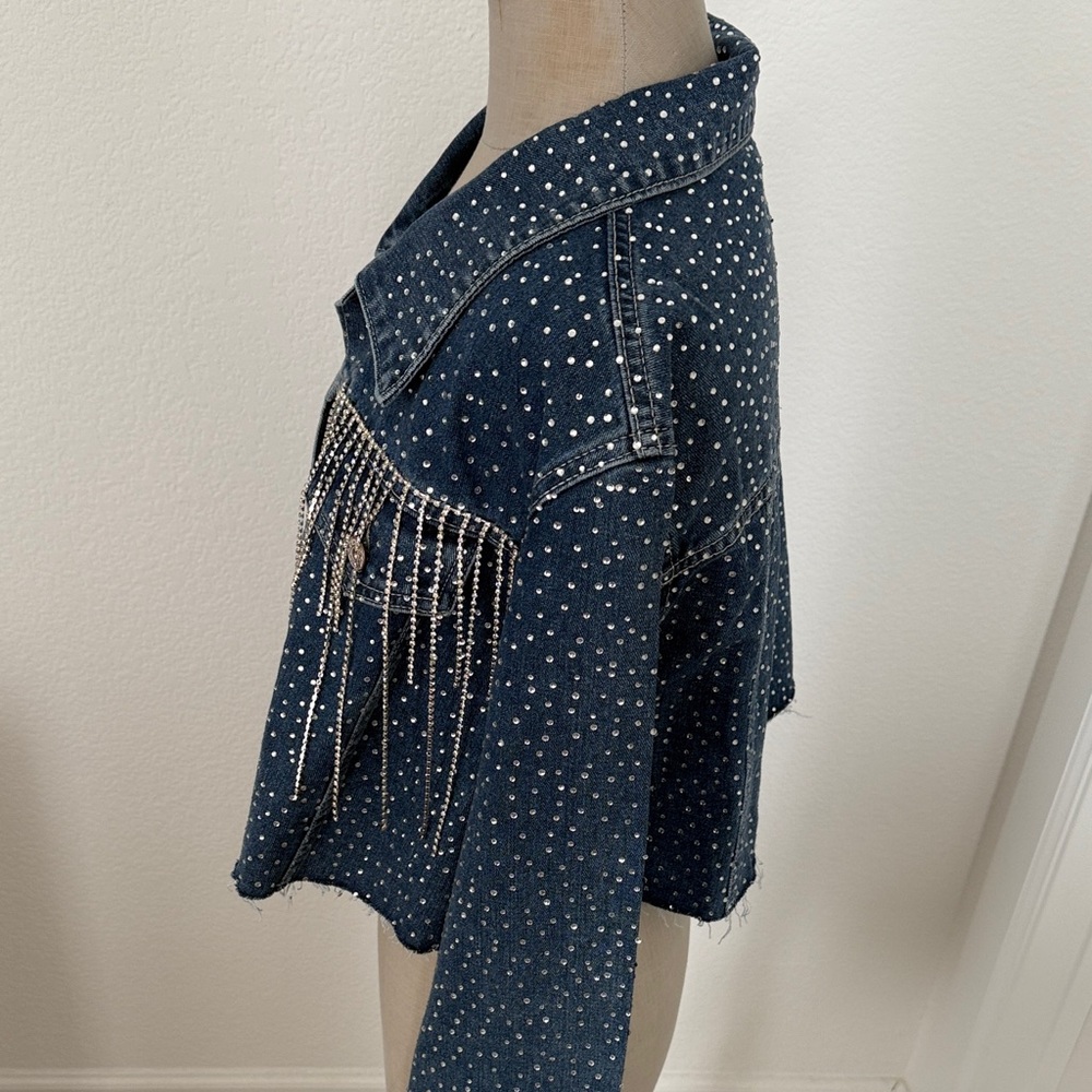 Embellished Rhinestone Fringe Jean Jacket - Picture 7 of 11